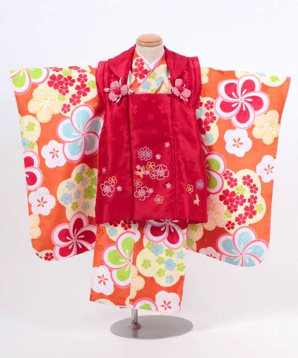 七五三(三歳)レンタル | 橙地にポップな桜の花 小花の赤被布