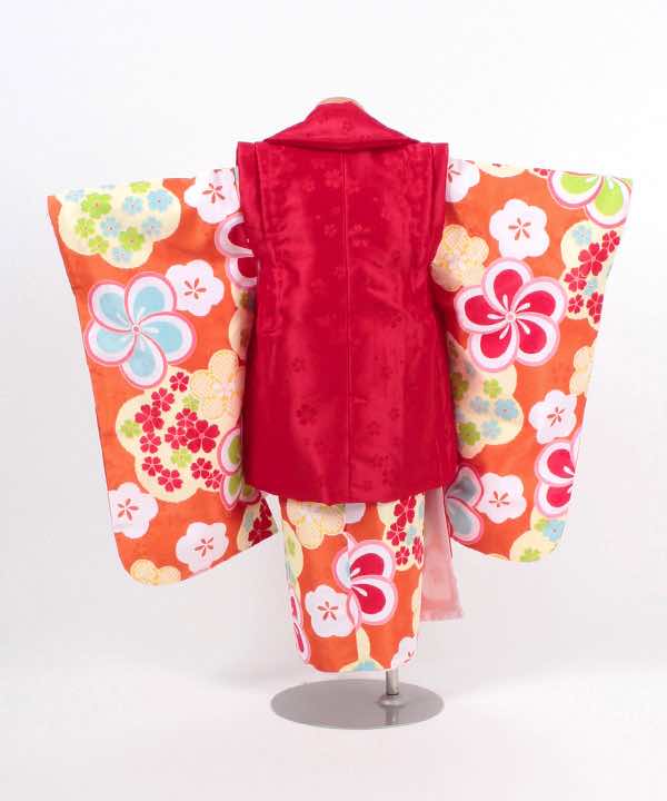 七五三(三歳)レンタル | 橙地にポップな桜の花 小花の赤被布