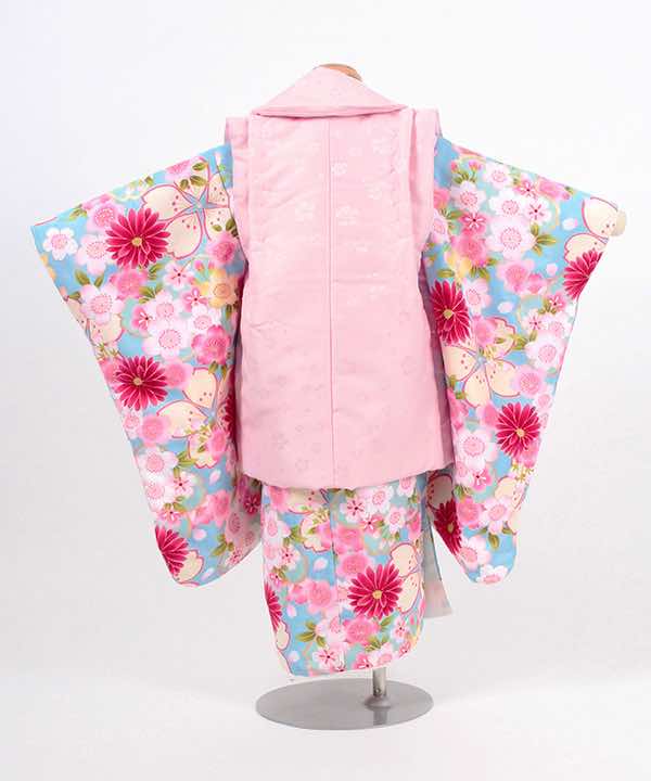 七五三(三歳)レンタル | 水色地に満開の桜と菊 小花の薄ピンク被布