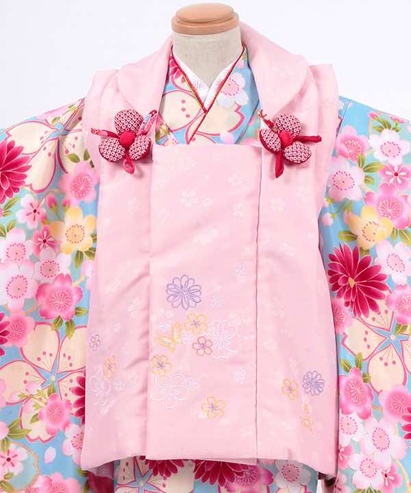 七五三(三歳)レンタル | 水色地に満開の桜と菊 小花の薄ピンク被布
