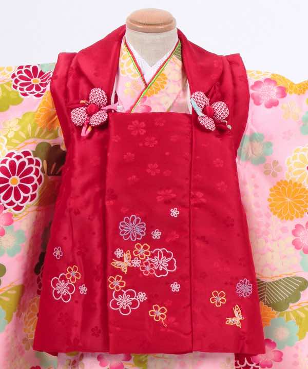 七五三(三歳)レンタル | 薄ピンク地に菊と松文 小花の赤被布