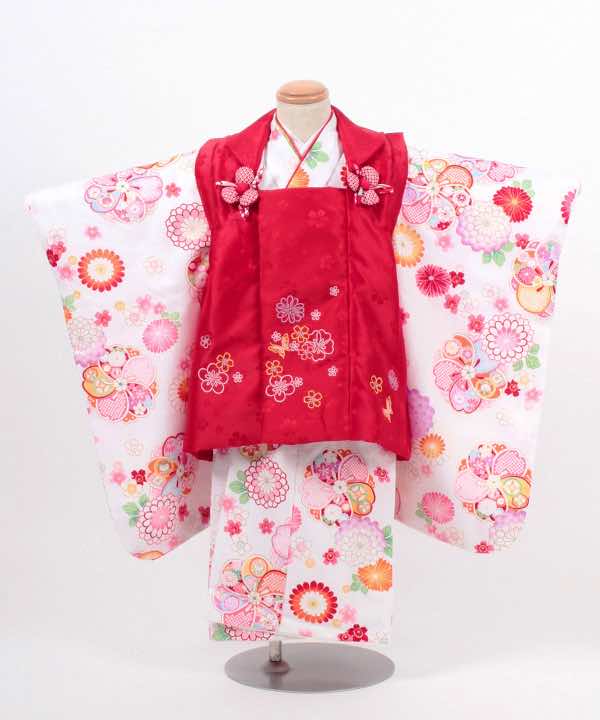 七五三(三歳)レンタル | 白地に桜と梅と菊の花 小花の赤被布 半襟紗綾形