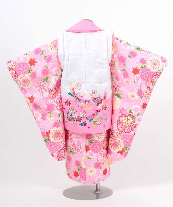 七五三(三歳)レンタル | ピンク地に豪華桜と菊の花 白×ピンク被布