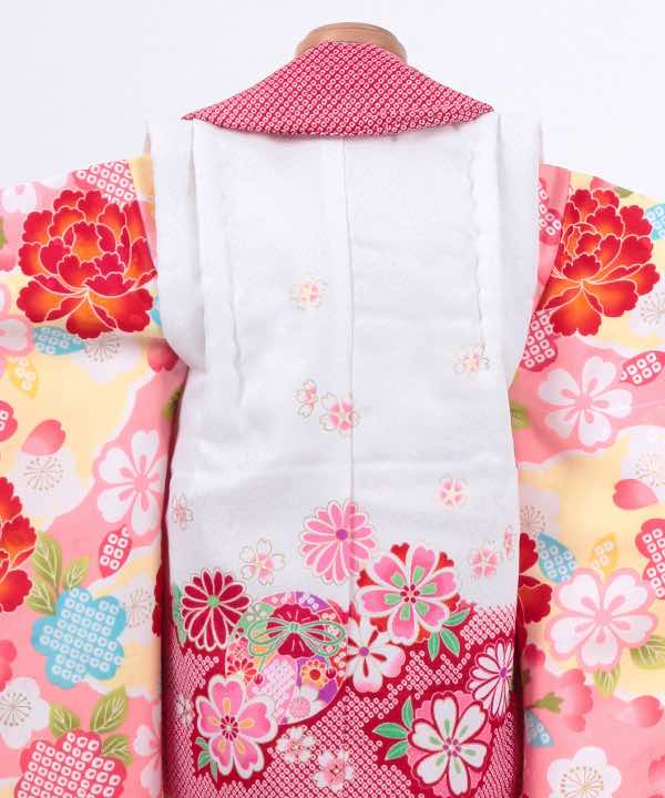七五三(三歳)レンタル | クリーム地に桜と菊 白×絞り調赤被布