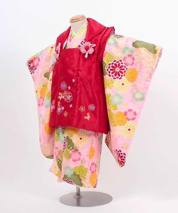七五三(三歳)レンタル | 薄黄色地に菊と桜と松文 小花の赤被布