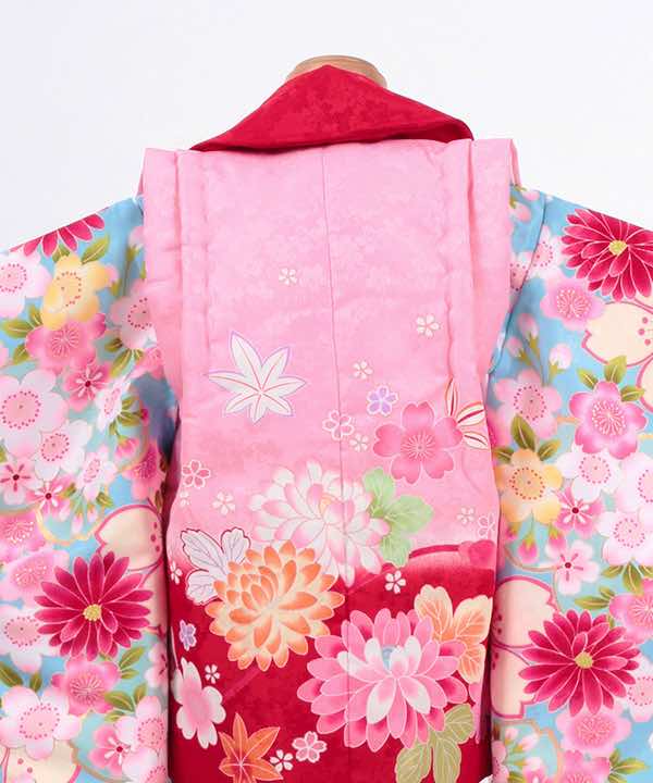 七五三(三歳)レンタル | 水色地に満開の桜と菊の花 ピンク×赤被布に鞠と菊