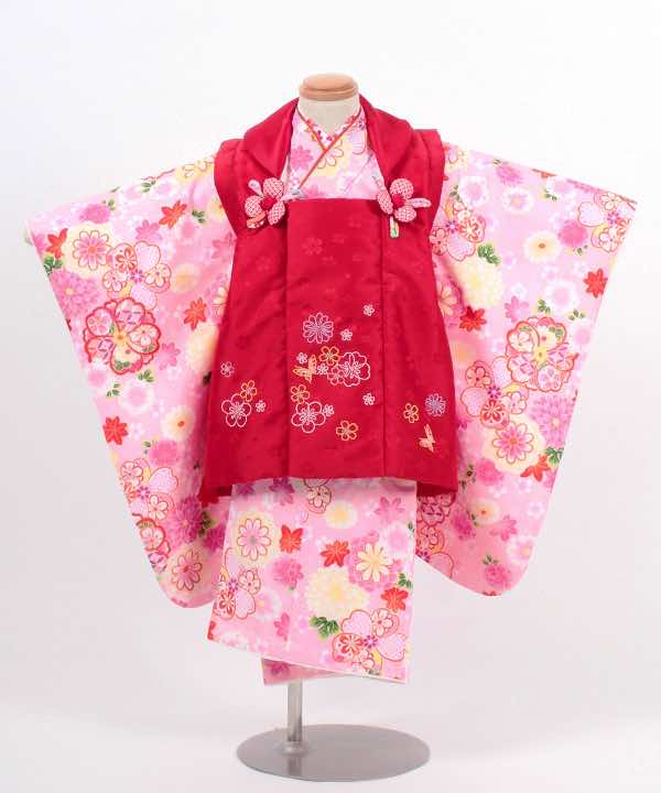 七五三(三歳)レンタル | ピンク地に桜と菊 小花の赤被布