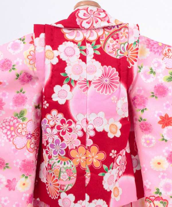 七五三(三歳)レンタル | ピンク地に八重桜と饅頭菊 豪華桜と菊の赤被布