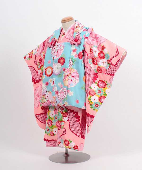 七五三(三歳)レンタル | 薄ピンク地に絞り調の梅と鶴に花丸文 水色地の被布に花々