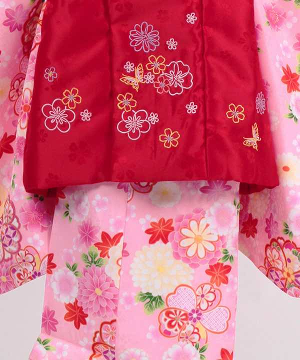 七五三(三歳)レンタル | ピンク地に桜と菊 小花の赤被布