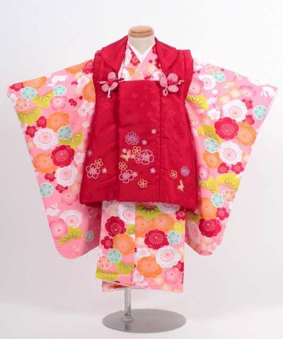 七五三(三歳) | ピンク地に梅文と松文 赤被布に刺繍(d)