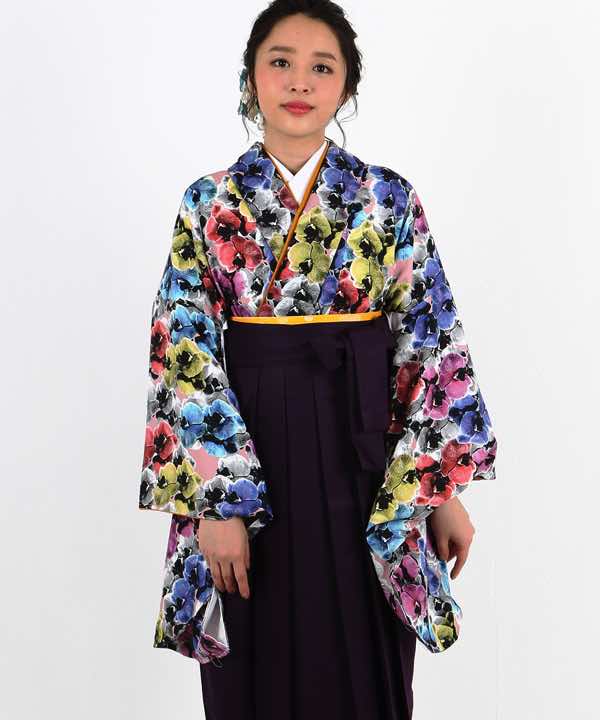 卒業式袴レンタル | 白地にカラフル蘭の総柄 濃紫袴