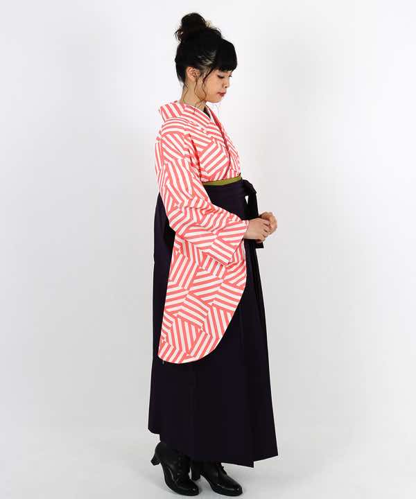 卒業式袴レンタル | 白×ピンク 縞々市松調 濃紫袴