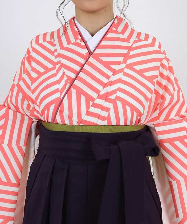 卒業式袴レンタル | 白×ピンク 縞々市松調 濃紫袴