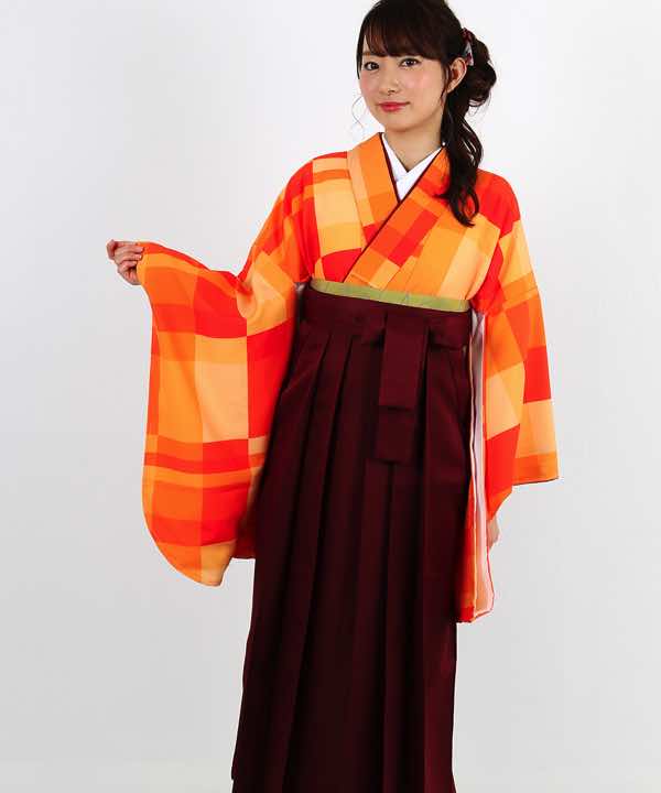 卒業式袴レンタル   オレンジの濃淡 大小チェック柄 臙脂袴