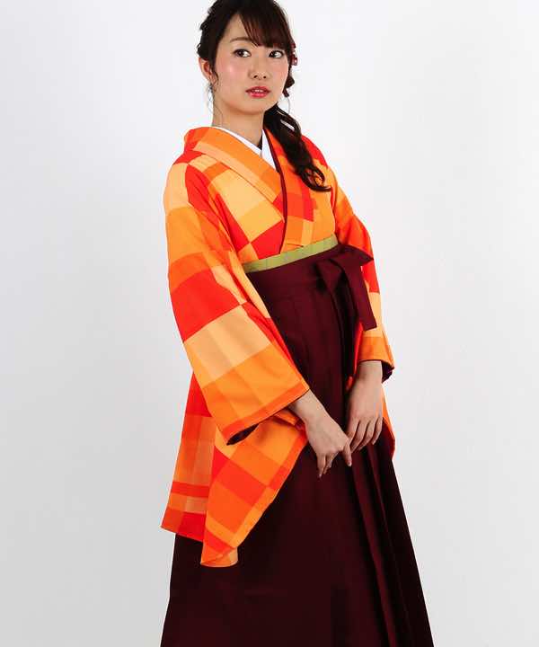 卒業式袴レンタル | オレンジの濃淡 大小チェック柄 臙脂袴