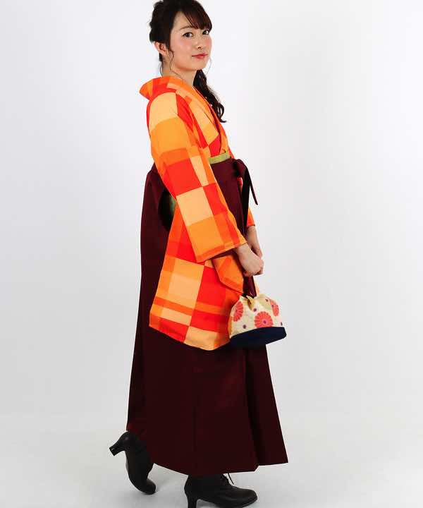 卒業式袴レンタル | オレンジの濃淡 大小チェック柄 臙脂袴