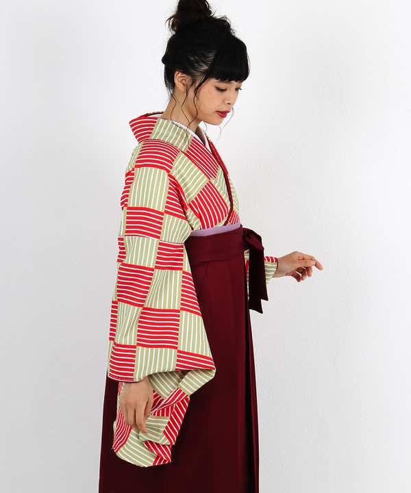 卒業式袴レンタル | 赤×黄土 白縞入りの市松調 臙脂袴