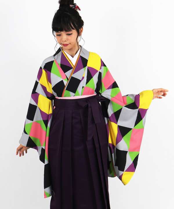 卒業式袴レンタル | 多色チェックにダイヤ色重ね 濃紫袴