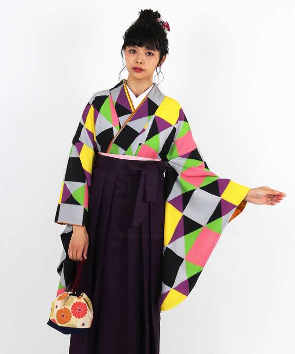 卒業式袴レンタル | 多色チェックにダイヤ色重ね 濃紫袴