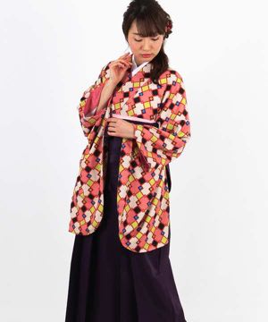 卒業式袴 | 六色の格子文様に飾り付き 濃紫袴