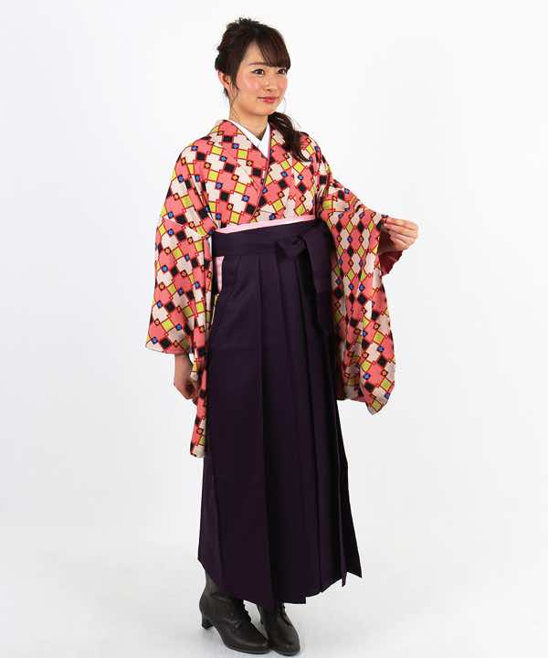 卒業式袴レンタル | 六色の格子文様に飾り付き 濃紫袴