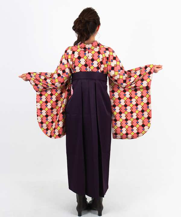 卒業式袴レンタル | 六色の格子文様に飾り付き 濃紫袴