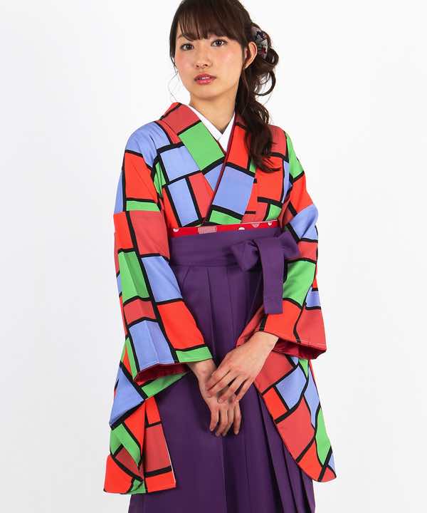 卒業式袴レンタル | 黒地に三色のタイル 紫袴
