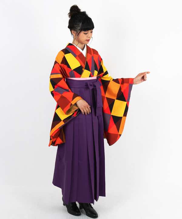 卒業式袴レンタル | 暖色チェックにダイヤ色重ね 紫袴