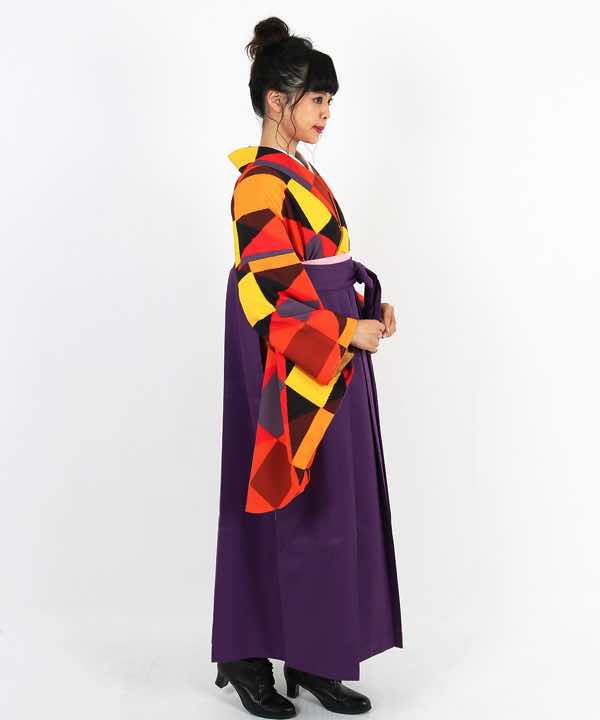 卒業式袴レンタル | 暖色チェックにダイヤ色重ね 紫袴
