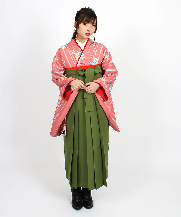 卒業式袴 | サーモンピンクに桜とストライプ 松葉色無地袴