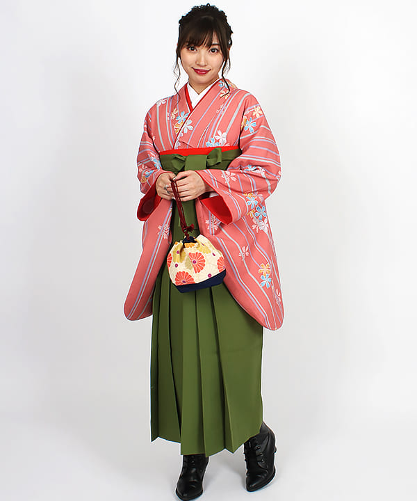 卒業式袴レンタル | サーモンピンクに桜とストライプ 松葉色無地袴