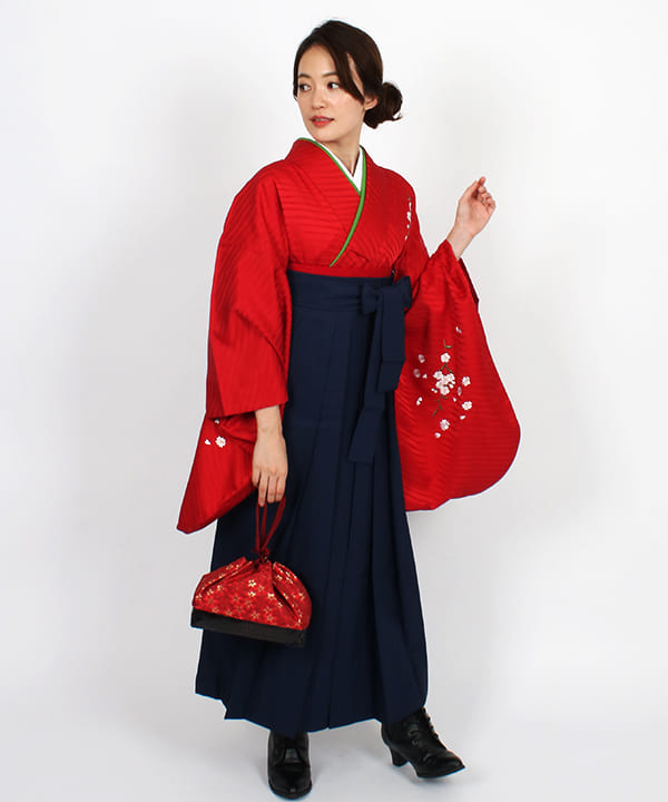 卒業式袴レンタル | 赤地ストライプに桜 紺無地袴
