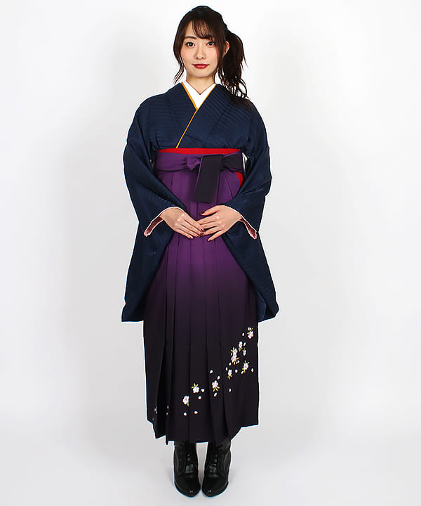 卒業式袴 | 紺地ストライプ 紫暈し桜模様袴