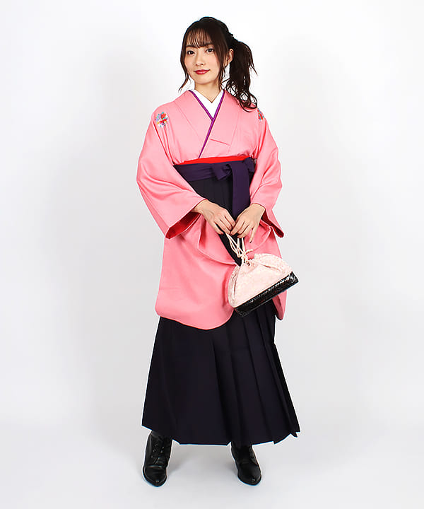 卒業式袴レンタル | ピンク地に花丸文 紫地に濃淡ストライプ袴