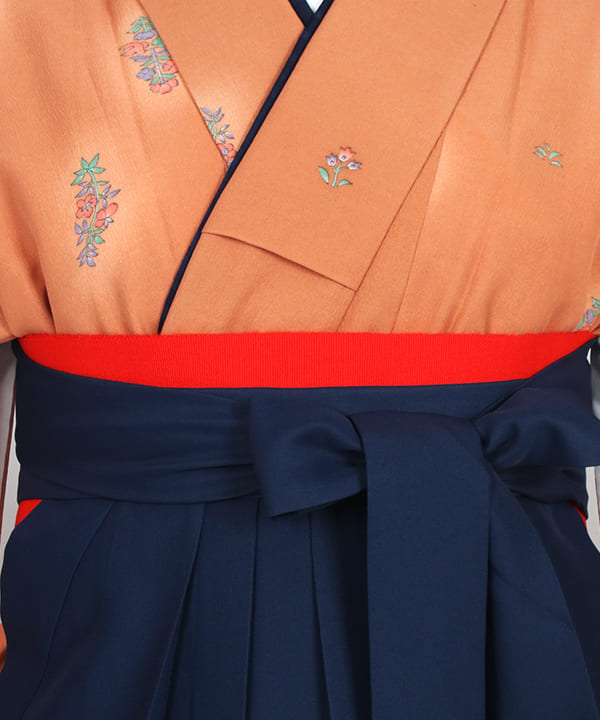 卒業式袴レンタル | 橙地に花喰い鳥 紺無地袴