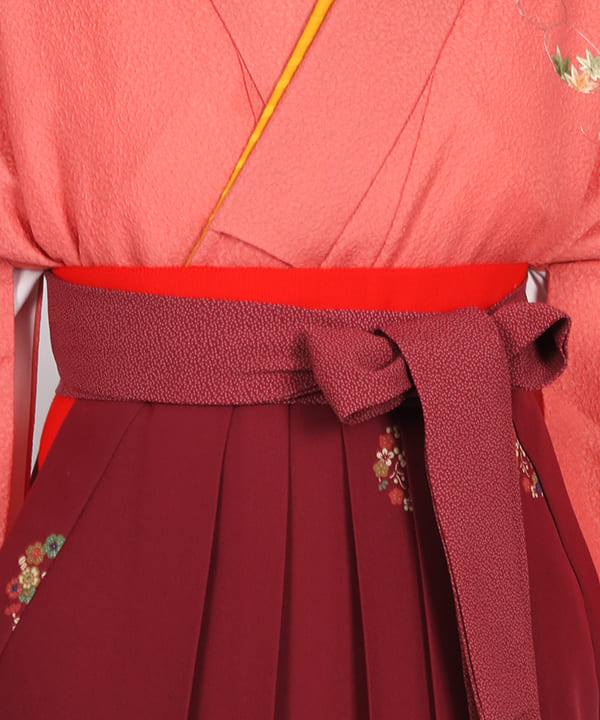 卒業式袴レンタル | コーラル地に小花刺繍 花丸文のバーガンディ袴