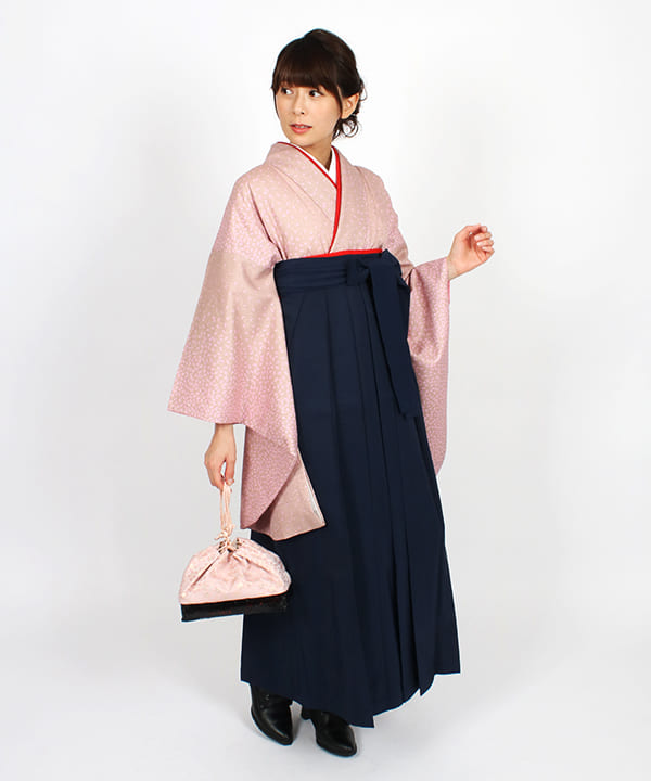 卒業式袴レンタル | スモーキーピンクに散り桜 濃紺無地袴