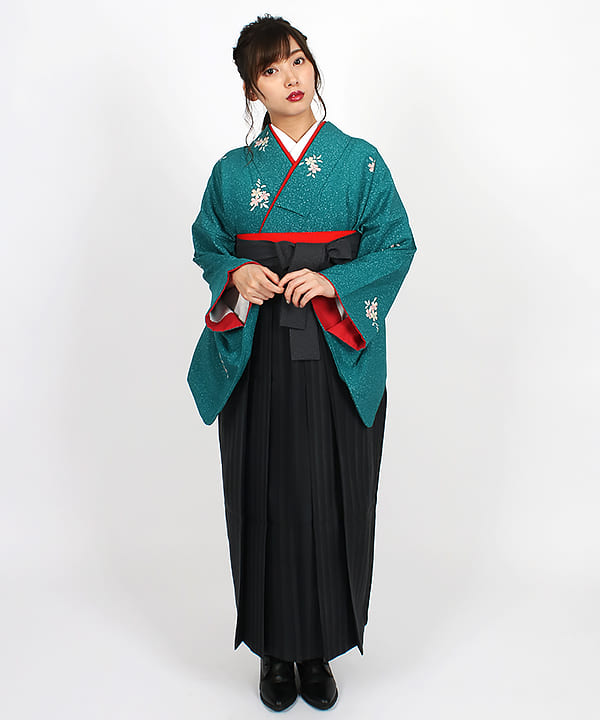 卒業式袴 | ターコイズたたき染め調 黒グレー縞袴