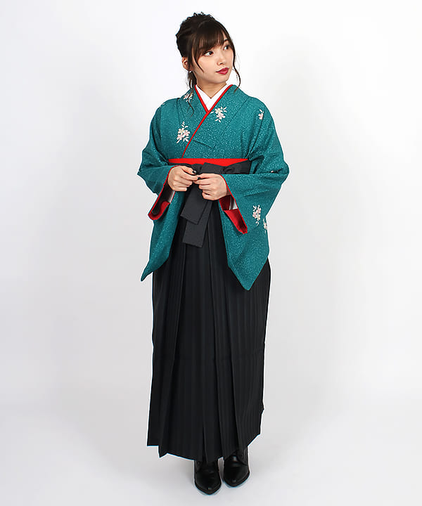卒業式袴レンタル | ターコイズたたき染め調 黒グレー縞袴