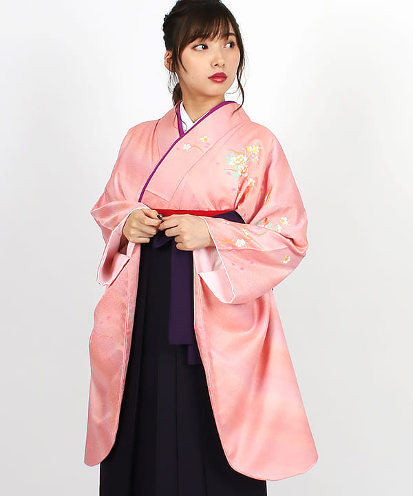 卒業式袴レンタル | ピンクとオレンジのストライプ暈し 紫地に濃淡ストライプ袴
