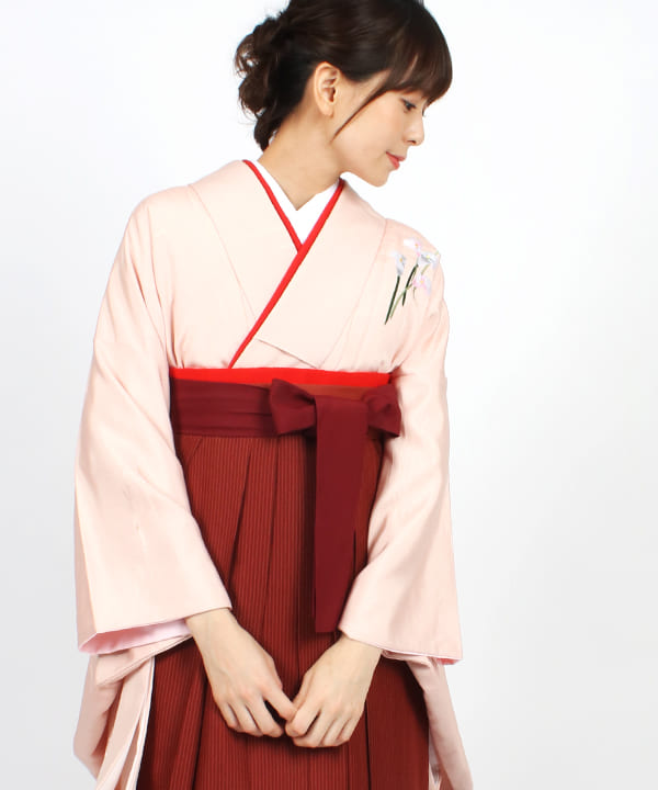 卒業式袴レンタル | 白桃色に水芭蕉 バーガンディ縞袴