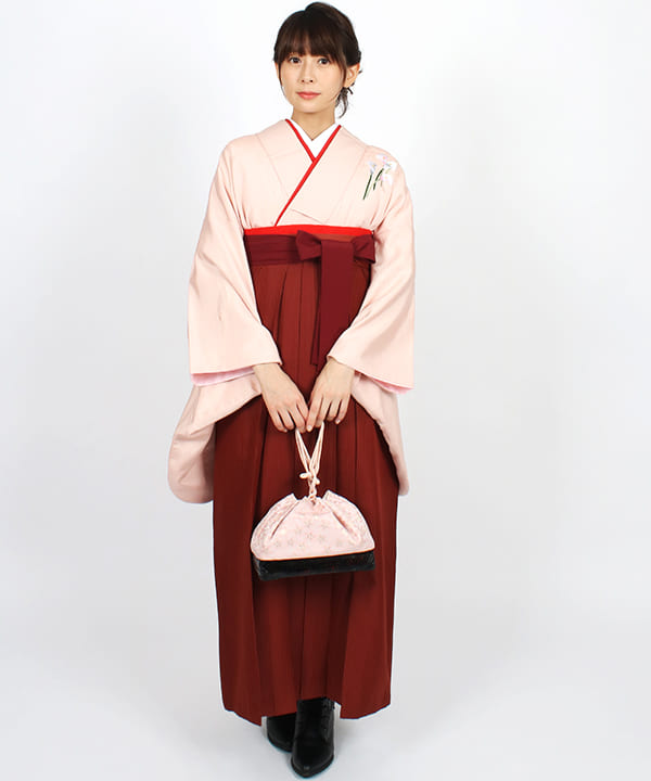 卒業式袴レンタル | 白桃色に水芭蕉 バーガンディ縞袴