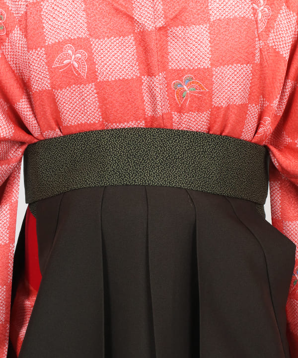 卒業式袴レンタル | 紅赤市松模様に蝶 濃抹茶地に花丸文袴