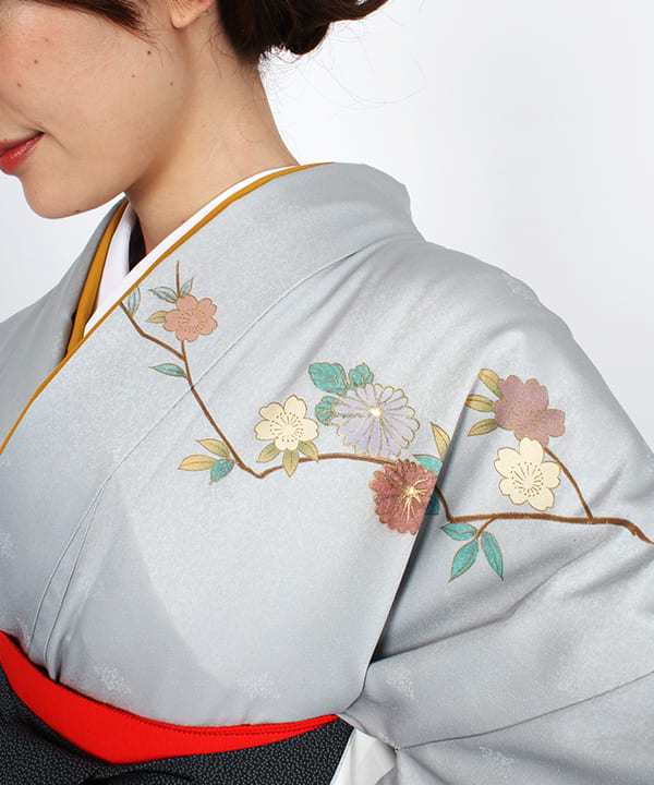 卒業式袴レンタル | 藍鼠色に小さな桜文様 黒グレー縞袴
