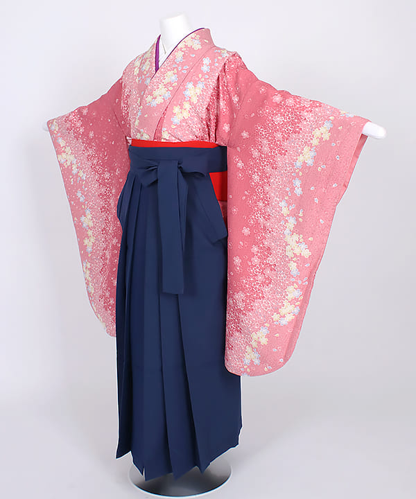 卒業式袴(小学生用) |ピンク地に桜の小花模様 紺無地袴