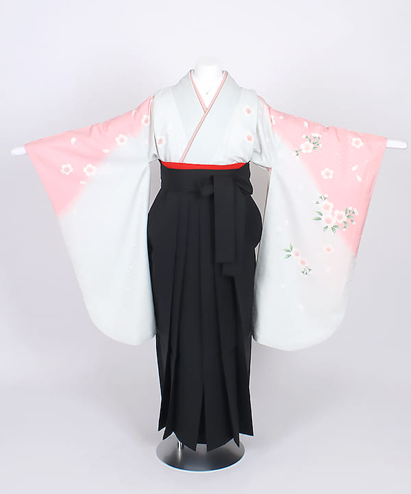 卒業式袴(小学生用) |白地にピンク暈し桜模様 黒無地袴