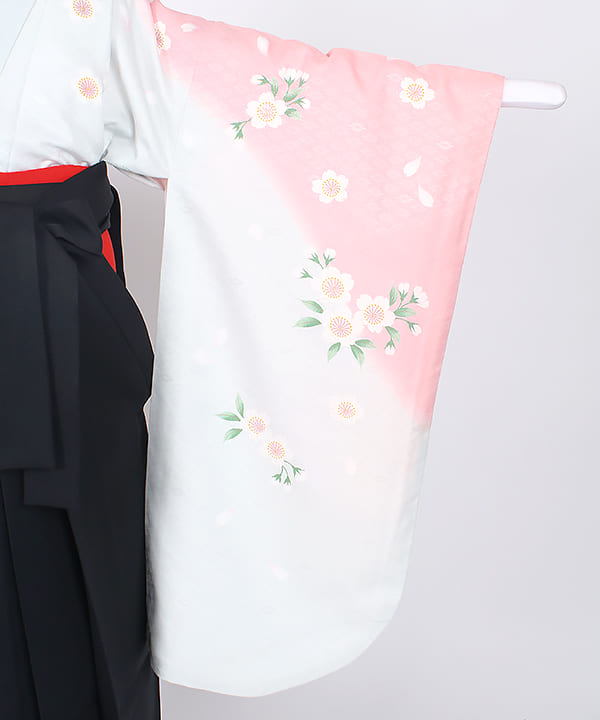 卒業式袴(小学生用) | 白地にピンク暈し桜模様 黒無地袴
