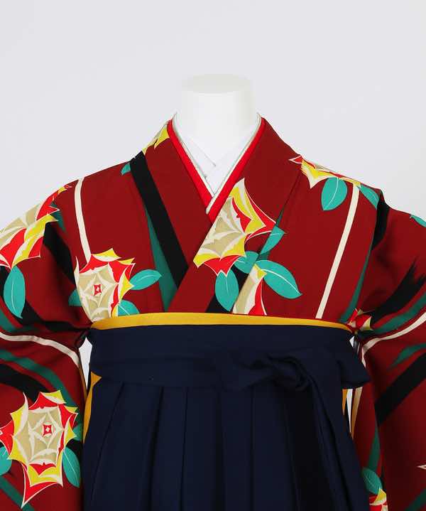 卒業式袴(小学生用)レンタル | 臙脂地に薔薇の花 刺繍入り紺袴