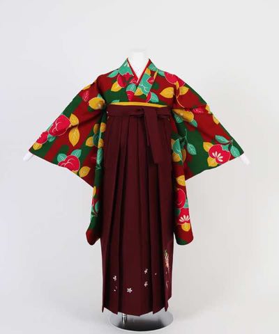 卒業式袴(小学生用) | 緑×赤 霞と橘 刺繍入り臙脂袴